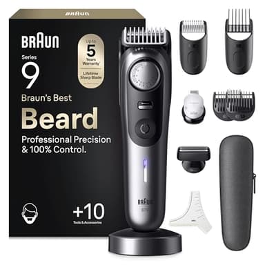 Braun Regolabarba Uomo Series 9, Rasoio Elettrico Barba Braun, +10 Strumenti Da Barbiere, Lama ProBlade Affilata A Vita, 180 Min, Selettore Di Precisione Con 52 Lunghezze, Impermeabile, BT9545, Cromo
