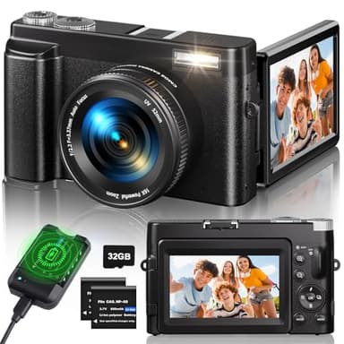Macchina Fotografica 4K, 48MP Fotocamera Digitale con Zoom 16X, Schermo Flip 180° Fotocamera Compatta con Autofocus, Flash, Stazione di Ricarica, 2 Batterie, Scheda da 32GB per Principianti, Bambini