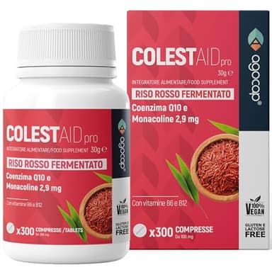 RISO ROSSO FERMENTATO COLESTEROLO - 300 COMPRESSE. Colesterolo Integratori con Coenzima q10. Moacolina K - 2,9mg. Riso Rosso Fermentato, Acido Folico e Vitamina b6 per il metabolismo LIPIDICO