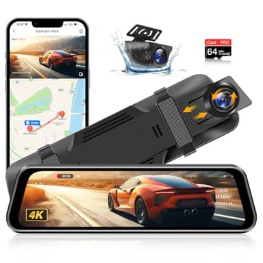 Vtopek WiFi Dash Cam Auto 4K Dashcam 10-Pollici Specchietto Retrovisore Auto con Impermeabile Telecamera Posteriore Scheda SD 64G Dashcam Auto Specchietto con WDR Grandangolo 170° Visione Notturna