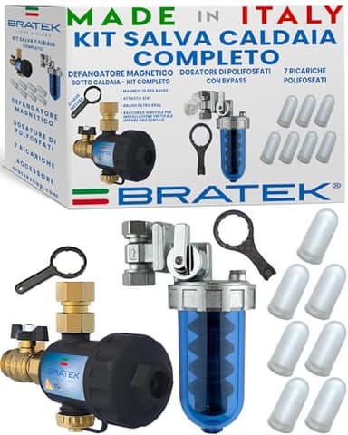 Bratek Kit Salva Caldaia a Condensazione con Defangatore Magnetico, Dosatore Polifosfati per Caldaia, 7 Cartucce di Ricarica Polifosfati - Protegge l'Impianto da Ruggine, Ferro, Sabbia, Calcare