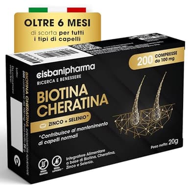 CISBANI PHARMA Biotina Cheratina - Integratore Capelli e Rinforzante per Unghie, con Zinco e Selenio - 200 Compresse da 100 mg, Oltre 6 Mesi di Scorta - Senza Glutine e Lattosio