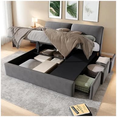 Wyibwy Letto matrimoniale imbottito,140x190cm,con testata,tre cassetti, contenitore idraulico,giroletto matrimoniale,cameretta completa,senza materasso,in velluto,grigio