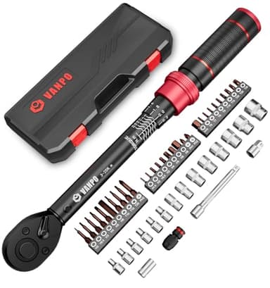 VANPO Chiave Dinamometrica 1/4”, 3-25Nm Bici e Moto Chiave Dinamometrica Set, 49 Pezzi Chiavi Dinamometriche Kit di Manutenzione con 1/4"-3/8" Adattatori, 75mm Barra di Prolunga, Bussole, Punte
