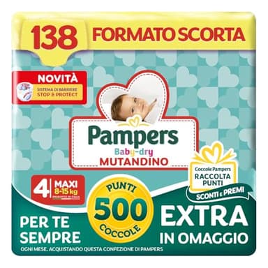Pampers Baby Dry Mutandino Maxi +500 Punti Coccole extra in omaggio, Taglia 4 (8-15 kg), 138 Pannolini (formato scorta)