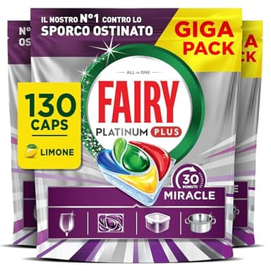 Fairy 30 Minuti Miracle Detersivo Pastiglie Lavastoviglie, 130 Capsule, Limone, Il Nostro N.1 Contro Lo Sporco Ostinato, Potente Anche Nei Cicli Brevi, Mega Pack