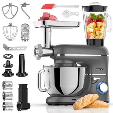 Fentic 6 in 1 Impastatrice Planetaria – 2000W – Con Tritacarne, Frullatore da 1,5L, Tagliaverure, Accessori Extra – Robot da Cucina con Ciotola 6.2L, Frusta, Gancio Impastare, Mescolatore (Antracite)