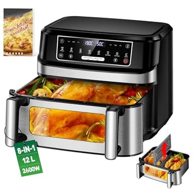 Friggitrice ad Aria Calda a 2 Camere | Airfrey 12L Regolabile e Camera Singola Doppia c Ricettario, Friggitrice ad Aria Calda a Doppia Camera Controllo Indipendente, Air Frey XXL Temperatur Max 200°C