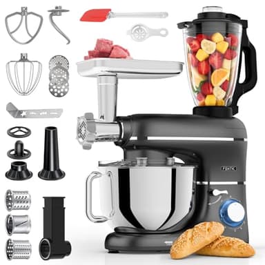 Fentic 6 in 1 Impastatrice Planetaria – 2000W – Con Tritacarne, Frullatore da 1,5L, Tagliaverure, Accessori Extra – Robot da Cucina con Ciotola 6.2L, Frusta, Gancio Impastare, Mescolatore (Nero)