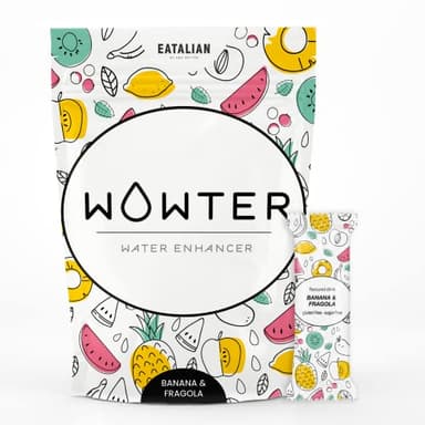 WOWTER by AMZ BETTER, Insaporitore d'Acqua, 24 Bustine di Polvere Solubile Gusto Banana e Fragola per Aromatizzare l'Acqua, Senza Calorie, Senza OGM, Senza Glutine, Senza Zuccheri, Made in Italy, 96 g
