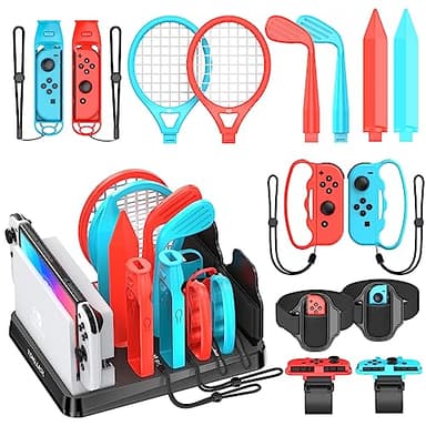 Tokluck 15 in 1 Accessori per Switch Sports, Kit di Accessori per Nintendo Switch Sport Gioco, Switch Organizer per Consola Switch/OLED e Accessory Sportivi Switch Sports (Blu & Rosso)
