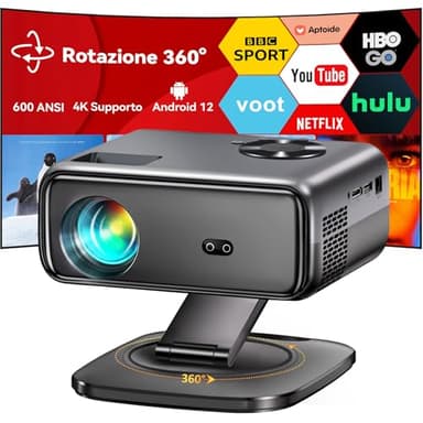 Proiettore【Android TV & Rotazione a 360 °】 Horlat Proiettore 4K Supporto WiFi 6 Bluetooth, 25000 Lumen, Auto Keystone Zoom 50%,Videoproiettore Home Cinema per TV Stick/smartphone