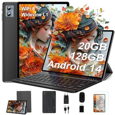SUAAT Newest Tablet Android 14 10 Pollici 20GB RAM+128GB ROM(1TB TF),Octa-Core, WIFI 6,1.8Ghz,BT5.0, GMS, 8MP + 5MP, Type-C, OTG, Cast, Tablet PC con Custodia, Tastiera e Mouse, Nero Intenso