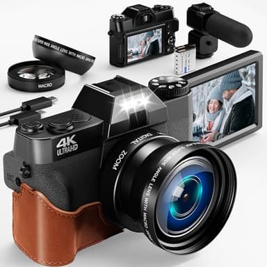 Hojocojo Fotocamera digitale, 4K per Fotografia e Video, 56MP Vlogging Camera per YouTube con Schermo Flip 180°, 52mm grandangolare e obiettivo macro, 2 batterie, 32GB TF Card