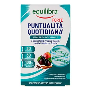 Equilibra Integratori Alimentari, Puntualità Quotidiana Forte, Integratore con 10 Estratti Vegetali, Favorisce l'Eliminazione dei Gas e la Regolarità del Transito Intestinale, 30 compresse
