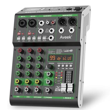 Aveek Mixer Audio, Console di Mixaggio Professionale con Ingresso USB/Bluetooth/Computer/4 Canali Stereo DJ Mixer, 48V Phantom Digital 99 DSP Effect per PC Registrazione Karaoke Studio Streaming