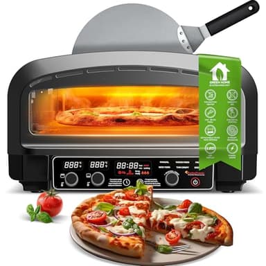 Forno elettrico per pizza fino a 450 °C per pizza da 37 cm (14,6") New York con pietra per pizza per interni ed esterni, 2200 W, giardino per casa, piccolo forno, tavolo e fiamme, con pala per pizza