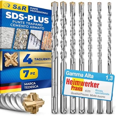 S&R Set Punte Trapano SDS-Plus a 4 Taglienti - 7 Punte per CEMENTO ARMATO e Muratura. Ø 5/6/8/10/12 x 16cm. Punte Professionali per Trapani di Tutte le Marche.