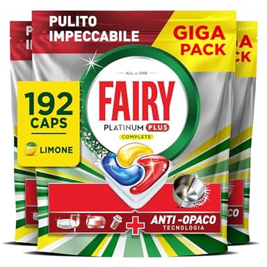 Fairy Platinum Detersivo Pastiglie Lavastoviglie Plus Complete, Brillantante, 192 Capsule, Limone, Tecnologia Anti-Opaco, Contro Il Grasso e le Incrostazioni Ostinate Anche Nei Cicli Brevi