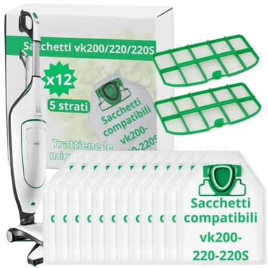 NAMAI - Set di 12 Sacchetti Folletto VK200 e VK220s + 2 Filtro Folletto VK200, Compatibili e Sicuri, Ricambi Folletto, Sacchetti Aspirapolvere Folletto (12 Sacchetti + 2 Filtri)