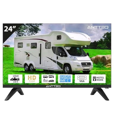 Antteq Televisore LED 24 Pollici (60 cm) HD con 12V – Senza Smart TV, Triple Tuner DVB-C/T2/S2, Modalità Hotel, Audio Dolby, SCART & CI+ – Ideale per Camper, Campeggio e Hotel