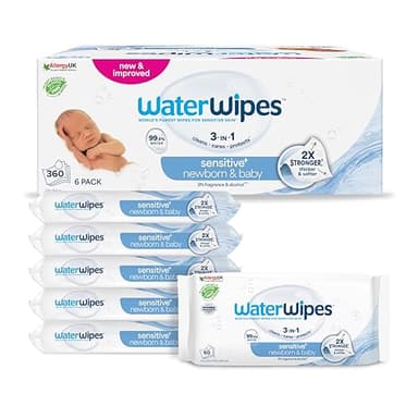 WaterWipes Sensitive+ Newborn & Baby Wipes, Salviettine per Neonati e Bambini, 360 Pezzi (6 Confezioni), Deterge, Cura, Protegge, 99,9% Acqua, Senza Profumo