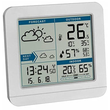 TFA Dostmann stazione meteo con sensore esterno, wireless Sky, 35.1152.02,temperatura e umidità intera e esterna, previsioni del tempo, orologio radiocontrollato e data, retroilluminazione, bianco