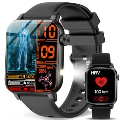 YYKY Smartwatch Orologio con Chiamate Bluetooth,pressione arteriosa sanguigna,Cardiofrequenzimetro,HRV,Sonno,𝐆li𝐜𝐞𝐦𝐢𝐚,𝐒𝐏𝐎𝟐,Contapassi,IP68,Torcia LED,100+ Sport,Fitness Tracker Uomo Donna