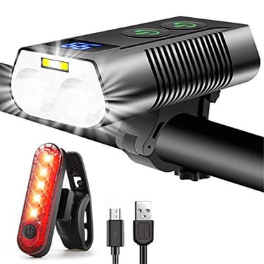 REHKITTZ Luci Bicicletta LED Super Luminoso 3300 Lumens,5000mAh Autonomia Molto Lunga Ricaricabili,con Fendinebbia e Display di Potenza LCD Luci Bici,Luce Bici Anteriore e Posteriore