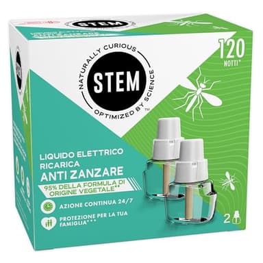 STEM Liquido Elettrico Antizanzare Doppia Ricarica, 95% Formula di Origine vegetale*, Protezione da Zanzare Comuni e Tigre, Confezione da 2 Ricariche da 36ml, 120 Notti