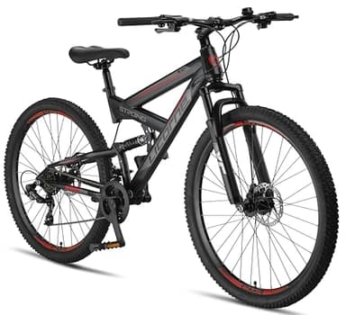 Licorne Bike Strong 2D Premium Mountain Bike Bicicletta per ragazzi, ragazze, donne e uomini – Freno a disco anteriore e posteriore – 21 marce – Sospensione completa (nero/rosso, 27,5)