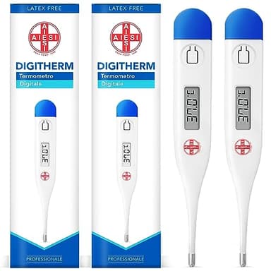 AIESI® Termometro Digitale professionale per febbre in adulti e bambini DIGITHERM (Confezione da 2 pezzi), Risultato in 1 MINUTO, Garanzia Italia 24 mesi