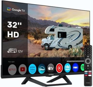 Strong SRT32HG4723C 32'' TV HD - DVB-S2/C/T2, 12V Ideale per camper, cucina, camera da letto, barca, 2 porte HDMI (1 ARC) + 1 porta USB + Mini-AV + Presa antenna/satellite - Nero