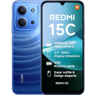XIAOMI Redmi 15C, Smartphone 4+256GB, Display 6,9" 120Hz, 7,99mm, MediaTek Helio G81-Ultra, Dual camera da 50MP, Mega batteria da 6000mAh, Garanzia 2 anni, Blu, Caricabatterie non incluso