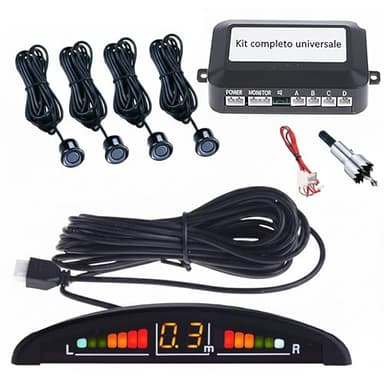 TEMPO DI SALDI Kit di 4 Sensori Parcheggio Auto Universali con Display LED, Segnalatore Acustico, Centralina e Punta a Tazza Inclusa - Sensori di Parcheggio Posteriori verniciabili