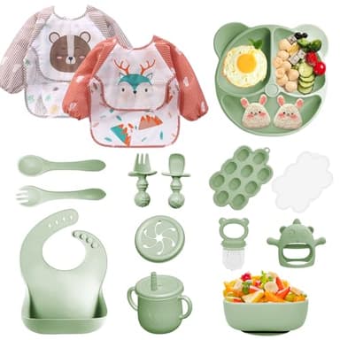 Bizcasa Set Pappa per Bambino, 14 Pezzi, Set Pappa Svezzamento per Bambini in Silicone, Senza BPA, Antiscivolo con Ventosa Piatto Cucchiai Ciotola Tazza Bavaglino (Verde)