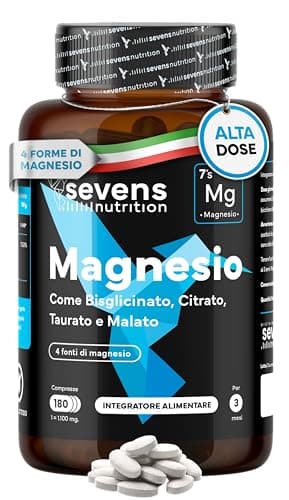 Magnesio Bisglicinato + Citrato, Malato e Taurato - Magnesio Completo 4 in 1 - Forma Chelata - 418 mg - Alta Biodisponibilità - Riduce Stanchezza e Affaticamento - 180 Compresse - Sevens