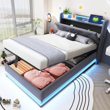 Ymkua Letto Imbottito Letto Singolo 90x200 cm, Bed contenitore con LED e USB Porta, Idraulici Bed frame per Bambini con Struttura Rete a Doghe e Testata Ribaltabile, Linen, Senza Materasso (Grigio)