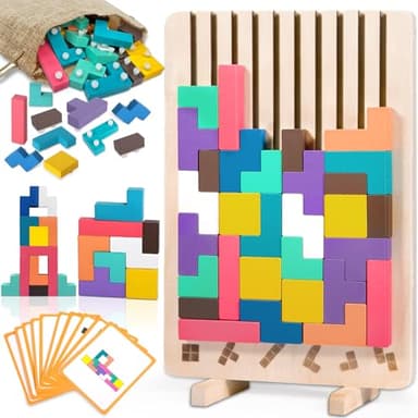 ZLPBAO Tetris Gioco per Bambini con 10 Carte e Borsa, Puzzle 3D di Legno Tetris Giochi montessori 3 anni, Intelligenza Jigsaw Rompicapo, Regali per Bambini di 3, 4, 5, 6 Anni
