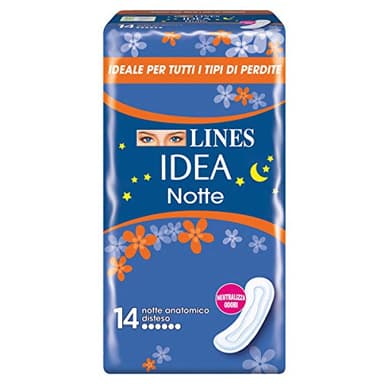 Lines Idea Sottile Notte Anatomico Disteso, 14 assorbenti. Ideale per tutti i tipi di perdite, Assorbenti lunghi per la notte con cuore Lines assorbente, Neutralizza Odori, Ipoallergenico.