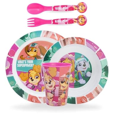 Sorrisini Set Stoviglie riutilizzabili, Piatti in plastica per asilo, scuola con piatto, ciotola, posate, bicchiere, Set Svezzamento Prima Pappa Bambini in plastica adatto per microonde, Paw Skye