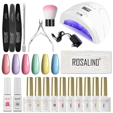 ROSALIND Kit Semipermanente Unghie Professionale con UV LED Lampada 48W, 6 Colori 10ML Smalto Semipermanente Pastello, Primer Base e Top Coat, Nail Art Tool Kit Unghie Semipermanente Completo