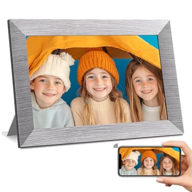 BWJBSW Cornice Digitale 10 Pollici, WiFi Cornice Foto Digitale con 32GB Memoria, HD IPS Touchscreen, La Cornice Elettronica Condivide Foto/Video via App, Supporta Sveglia, Auto-Rotazione, 64GB SD Card