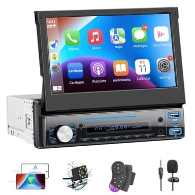 Autoradio 1 Din con Carplay ＆ Android Auto, stereo auto scomparsa con schermo 7 pollici con ricevitori audio per auto Bluetooth, telecamera di backup, Mirror Link, supporto FM/AUX/EQ
