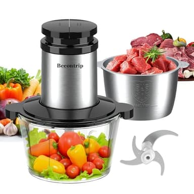 Becontrip Tritatutto da Cucina Elettrico, 500W 2L Tritatutto Elettrico con Motore in Rame, 2 Ciotole (Vetro + Acciaio Inox), 4 Lame Affilate, 2 Velocità, Mini Frullatore per Carne/Verdura/Baby Food