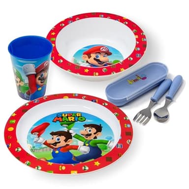 damaloo Mario Set Stoviglie Bambini - Piatto, Ciotola, Tazza e Posate Bambini, Set Pappa Bimbo per Colazione, Pranzo e Cena, Riutilizzabile e Senza BPA