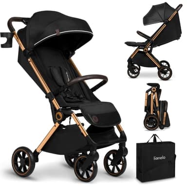LIONELO Cloe Passeggino leggero e pieghevole per bambini da 0 fino a 22 kg, Schienale regolabile, Posizione nanna, Impermeabile, Cinture a 5 punti, Ruote XXL, Zanzariera, Portabicchieri (Nero)