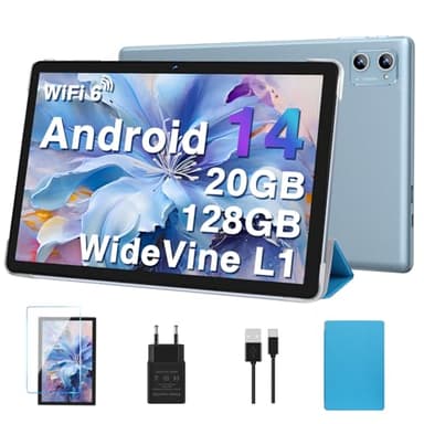 2025 Newest Android 14 Tablet 10 Pollici, 20(6+14)GB RAM+128GB ROM(TF 1TB), Octa Core 1.8GHz, 5G+2.4G Wi-Fi 6 | 1280 * 800 FHD| Widevine L1| BT5.0| 5MP+8MP| Widgets| GMS Tablet con Caso - Blu