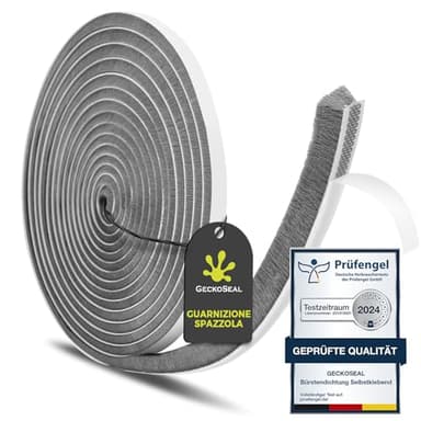 GeckoSeal 6 m Guarnizione Spazzola, 9 mm (L) x 9 mm (S) Guarnizione a Spazzola Autoadesiva, Antipolvere, Antivento, Riduzione del Rumore, Paraspifferi Spazzola Per Porte, Finestre, Armadi - Grigio