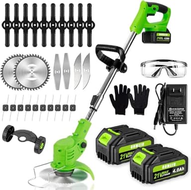 Decespugliatore a Batteria 21V, Tagliabordi Elettrico con 2 4.0Ah Batterie e Lame di metallo,Taglia Erba da Giardino Testata Regolabile e Maniglia Telescopica Tagliaerba Senza Fili per Giardino
